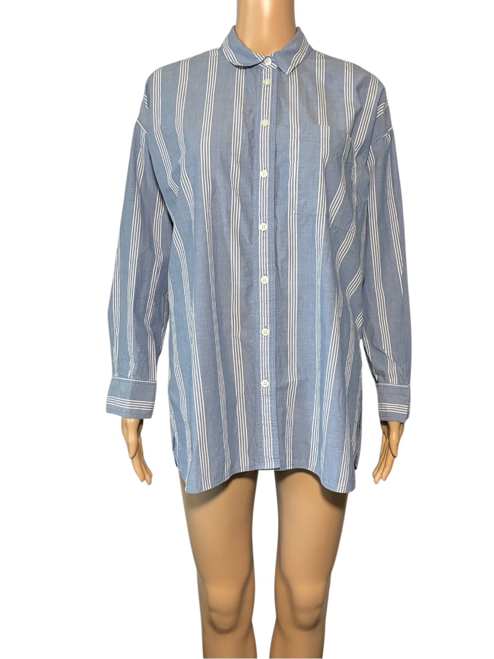 Madewell Women’s Shirt Size S White Blue Striped Button Down Tunic 100% Cotton